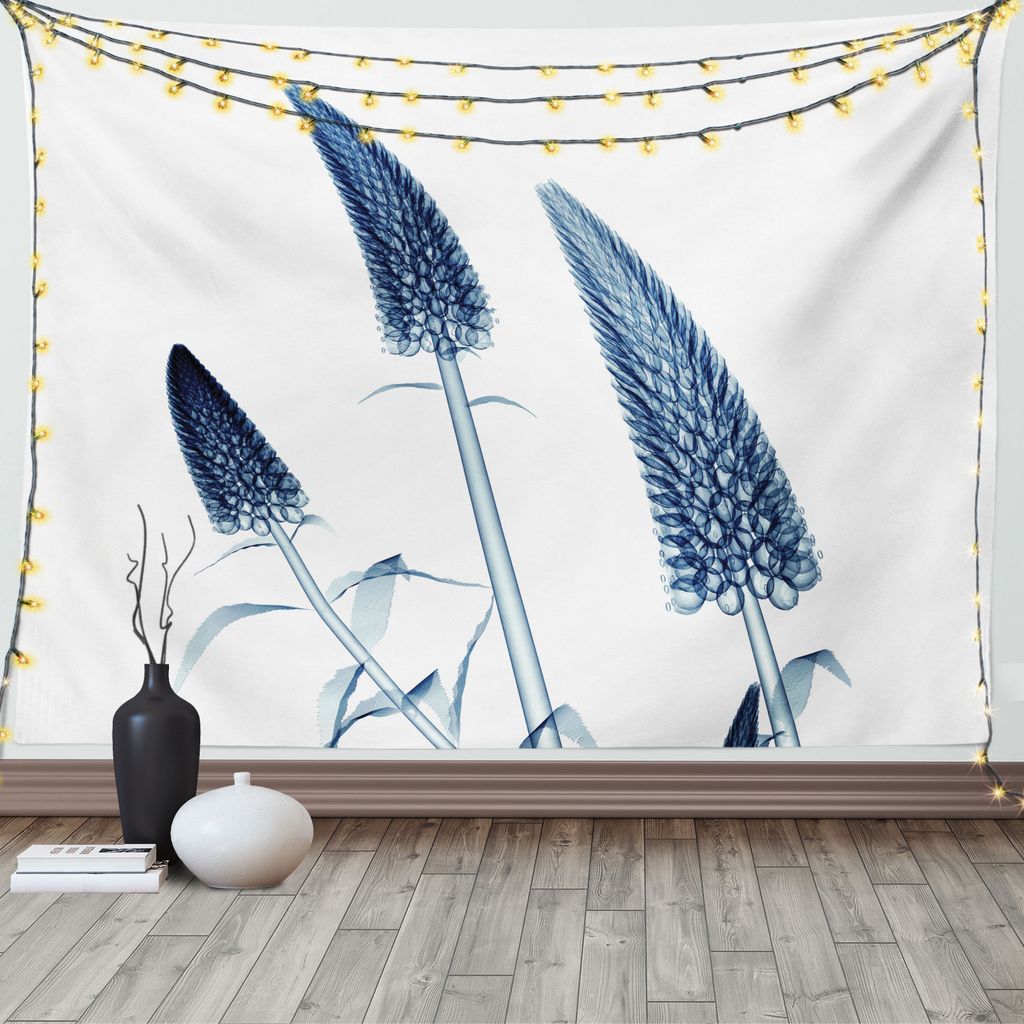 ABAKUHAUS Blume Wandteppich, Exotische Blooms Plants, Wohnzimmer Schlafzimmer Wandtuch Seidiges Satin Wandteppich, 150 x 100 cm, Teal weiß