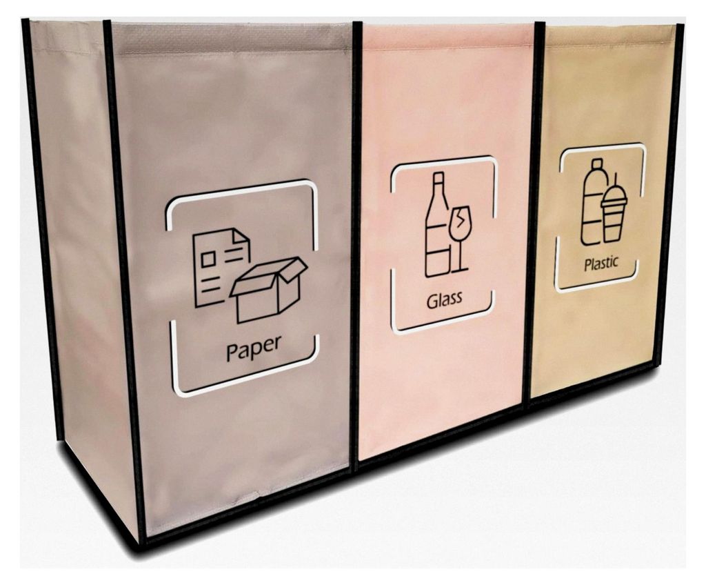 Mülltrennsystem 3-fach - Recycling System - Altpapier Sammler - Flaschensammler - Mülleimer für Glas, Plastik, Papier (Black Edge)