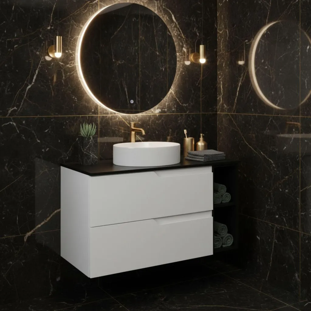 Meuble Salle de Bain 100 cm Noir et Blanc Suspendu avec 2 Tiroirs