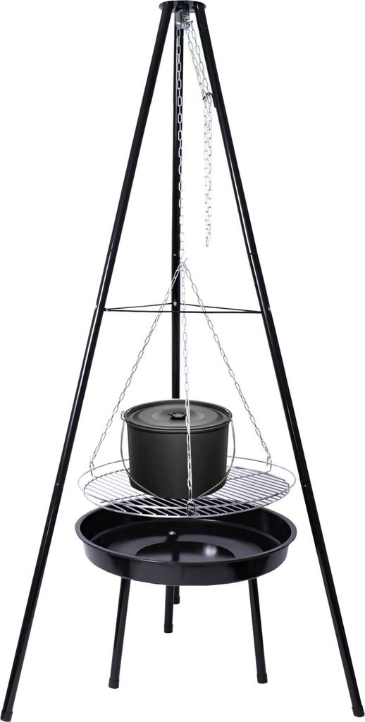 A black tripod grill with a pot and cooking grates, set against a white background.