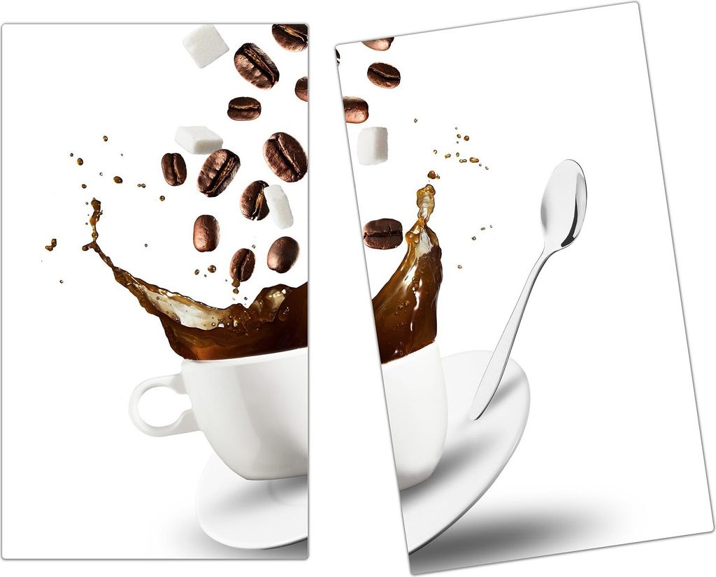 Spritzschutz Herdabdeckplatte Schneidebrett aus Glas Kaffeetasse und Löffel 2-Teilig (60x52cm)