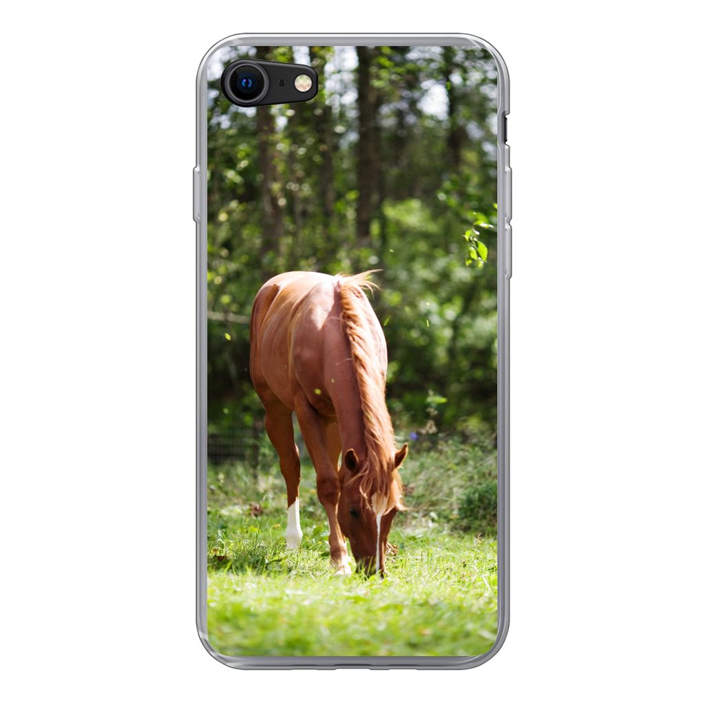 MuchoWow Handyhülle Schutzhülle Hülle für iPhone SE 2020 Pferd - Blumen - Licht Silikon Softcase Handy Hülle - Kartenbesitzer