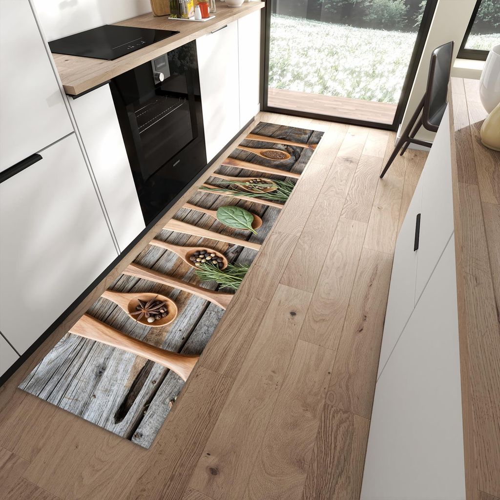 Küchenteppich 60x270cm rutschfest & abwischbar PVC Läufer - Holzlöffel und Kräuter