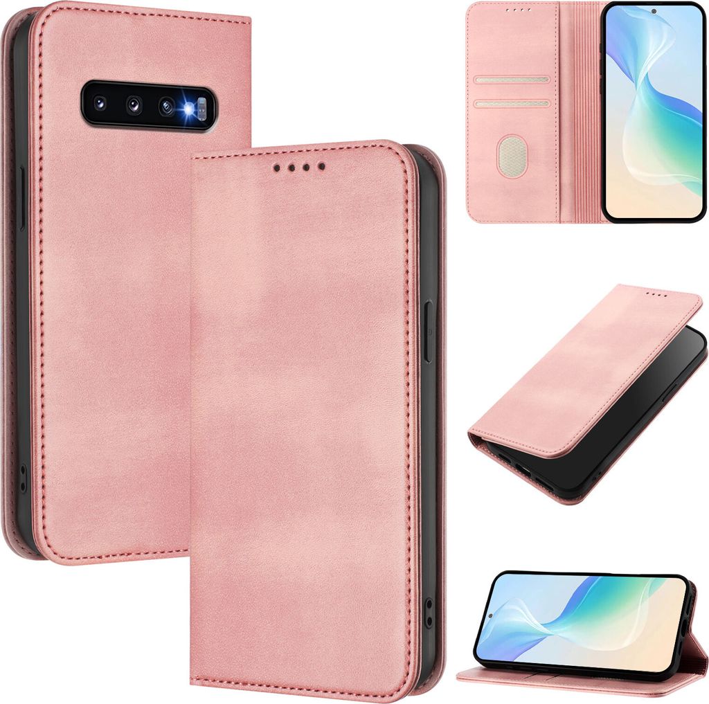 Handyhülle für Samsung Galaxy S10, Vintage Leder RFID Schutz Kartenfach Standfunktion Magnetische Klapphülle Pink