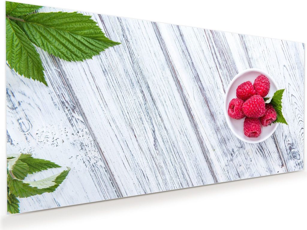 Glasbild Wandbild Himbeeren von Weitem 80x40cm in XXL für Wohnzimmer, Schlafzimmer, Badezimmer, Flur