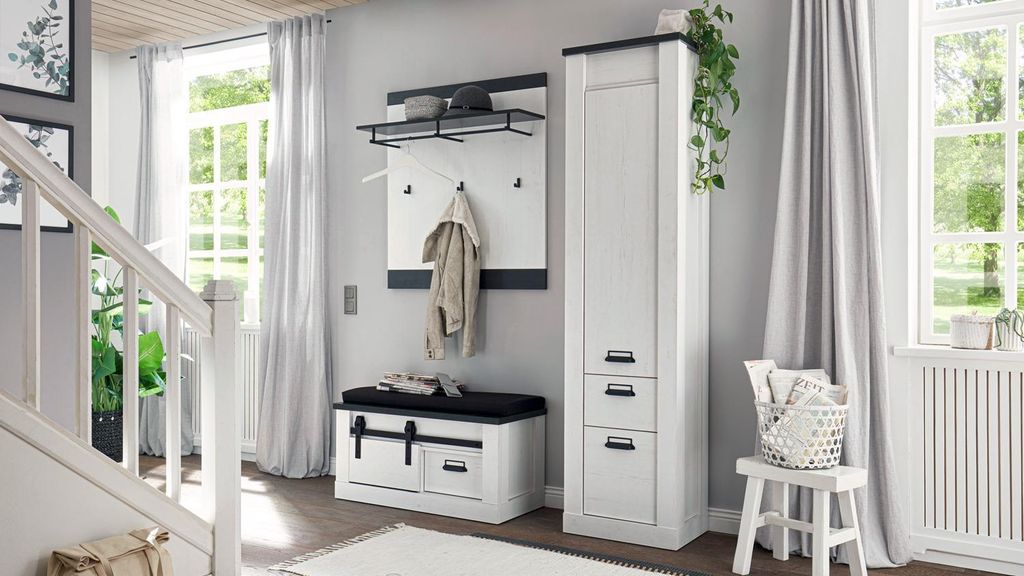 Garderobe Sherwood G2 Pinie weiß anthrazit mit Sitzkissen
