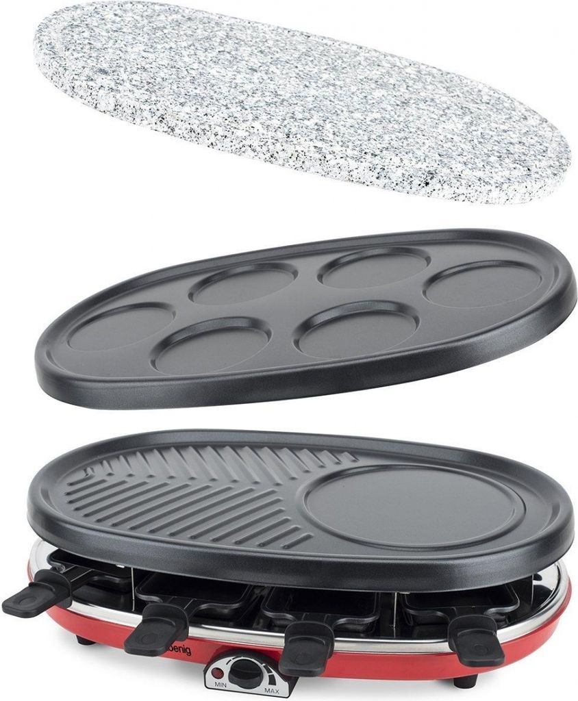 A multi-part raclette grill set displayed against a white background.