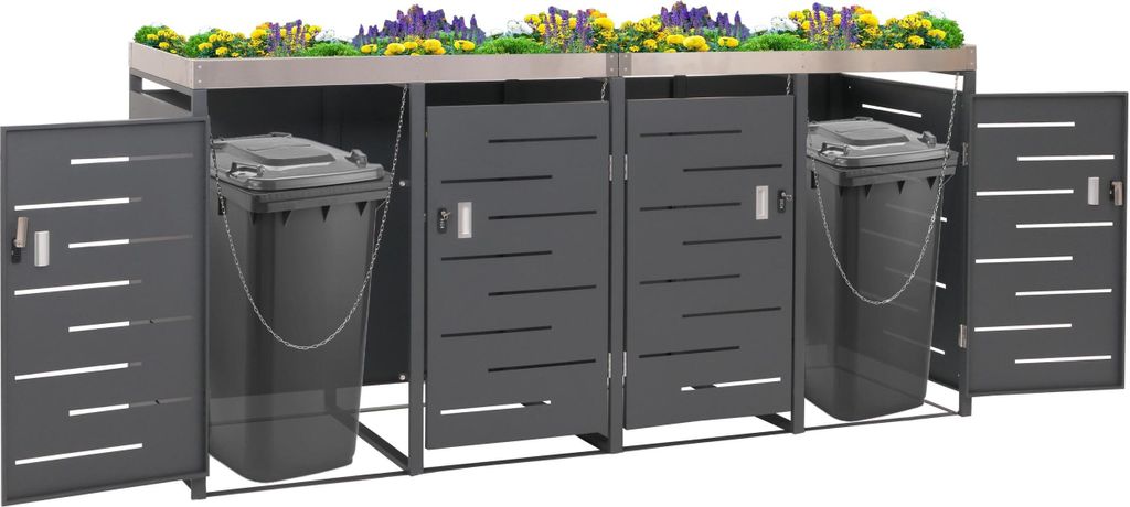 4er-Mülltonnenverkleidung MCW-H40, Mülltonnenbox, Pflanzkasten Edelstahl-Metall-Kombi 92kg 125x264x84cm erweiterbar