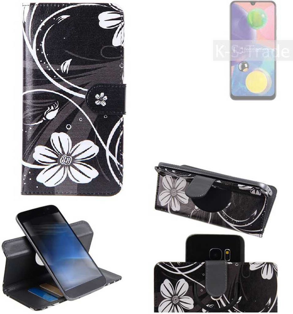 K-S-Trade Schutzhülle Handyhülle kompatibel mit Samsung Galaxy A70s Hülle 360° Wallet Case ''Flowers'' Klapphülle Hülle schwarz-weiß 1x