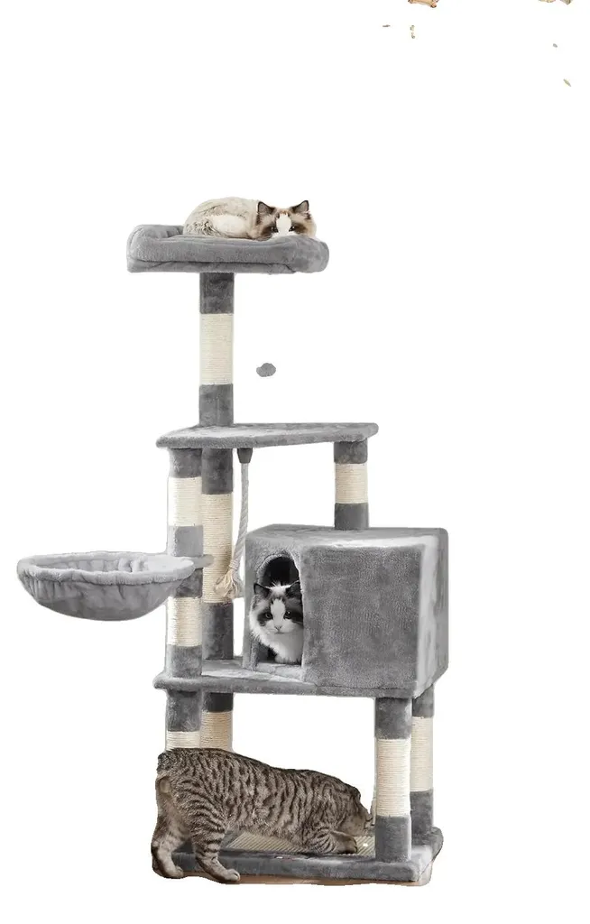Arbre à chat gris construction robuste et plateformes de repos douces