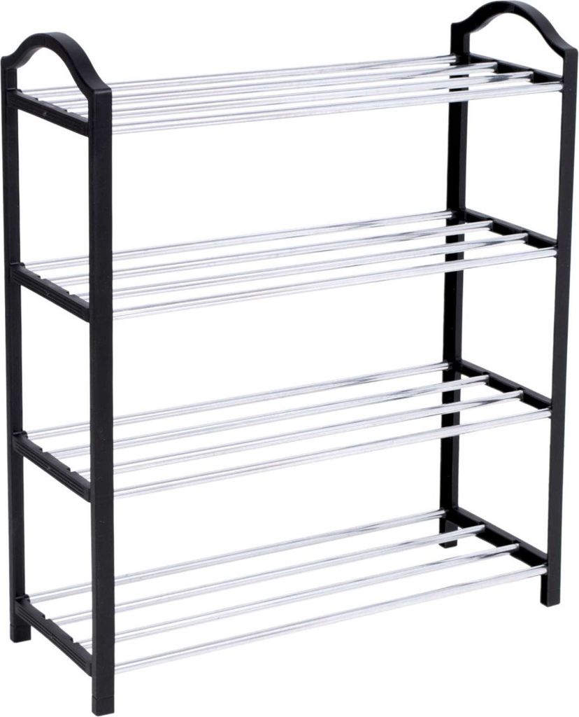 A black and silver four-tier shoe rack against a white background.