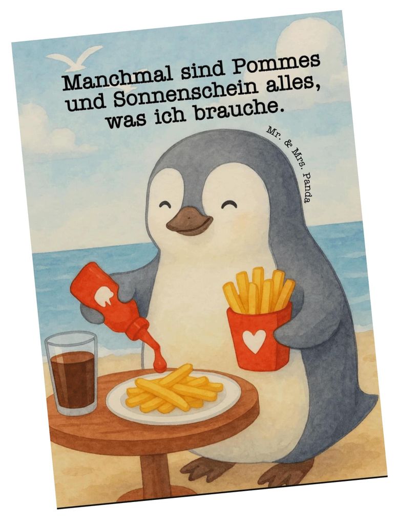Mr. & Mrs. Panda Ansichtskarte Pinguin Pommes Design - Weiß - Geschenk, Freundin, Ansichtskarten, Fotokarte, Postkarten, bildkarte, Jahrestag, Kun...