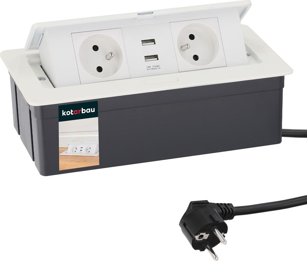 KOTARBAU 2-fache Versenkbare Steckdosenleiste mit USB-Anschluss Aluminium Weiß