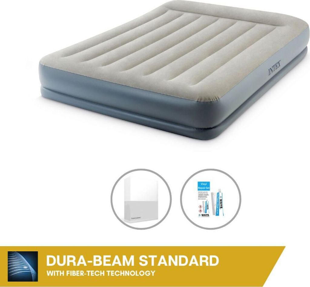 Intex Luftbett - 2 Personen - 152 x 203 x 30 cm - Grau - Mit eingebauter Pumpe + Spannbettlaken Weiß + Reperaturset