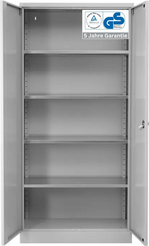Stahlschrank BEE mit 8 verzinkten Fachböden | HxBxT 195x92x42cm | Korpusfarbe Lichtgrau, Frontfarbe Lichtgrau | Werkstattschrank Werkzeugschrank A...
