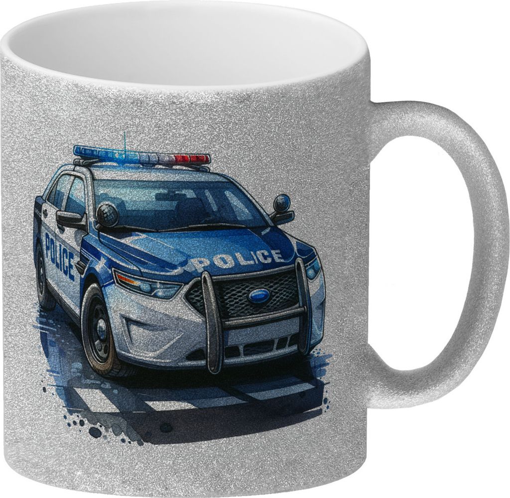 Polizeiauto mit Blaulicht Glitzer-Kaffeebecher Produktbild 