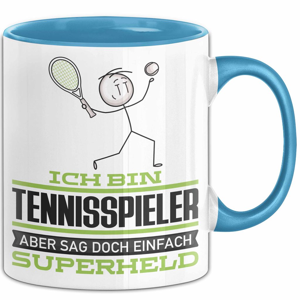 Tennisspieler Geschenk Tasse Ich Bin Tennisspieler Aber Sag Doch Einfach Superheld Lustige Geschenkdiee für Tennisspieler Kaffee-Becher (Blau)