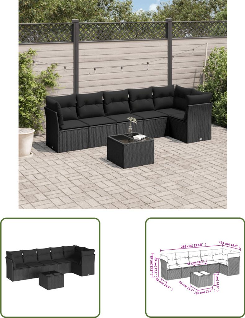 The Living Store 7-tlg. Garten-Sofagarnitur mit Kissen Schwarz Poly Rattan