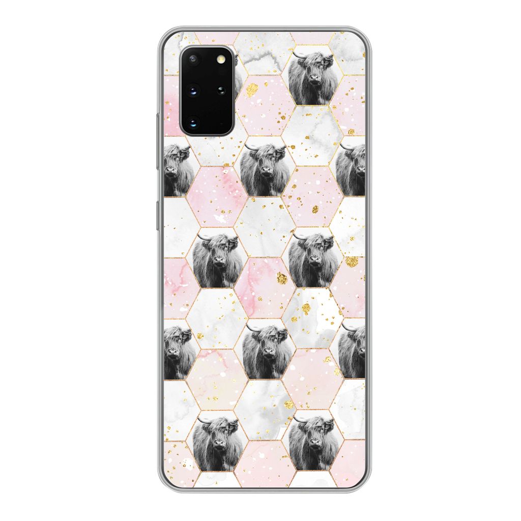 MuchoWow Handyhülle Schutzhülle Hülle für Samsung Galaxy S20 Plus Schottischer Highlander - Muster - Gold Silikon Softcase Handy Hülle - Har...