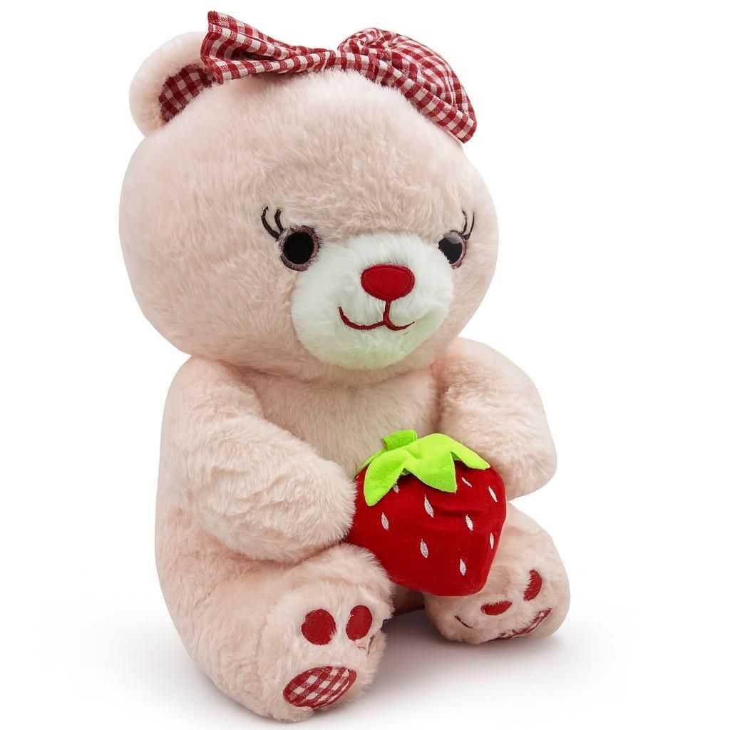 Plüschtier Teddybär 35 cm rosa mit Erdbeere – Weiches Kuscheltier, Stofftier