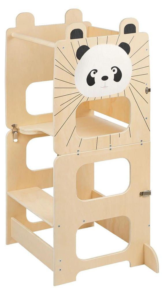 Kinder Montessori Lernturm - Küchenhelfer & Learning Tower - In Schreibtisch verwandelbar - Stabiler Holzrahmen - Panda Design