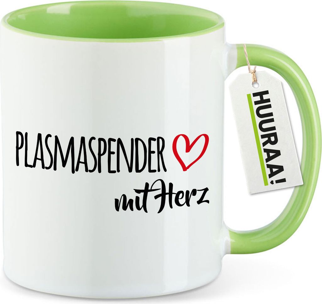 Huuraa Kaffeetasse Plasmaspender mit Herz 330ml Grün Keramik Kaffeebecher Geschenkidee