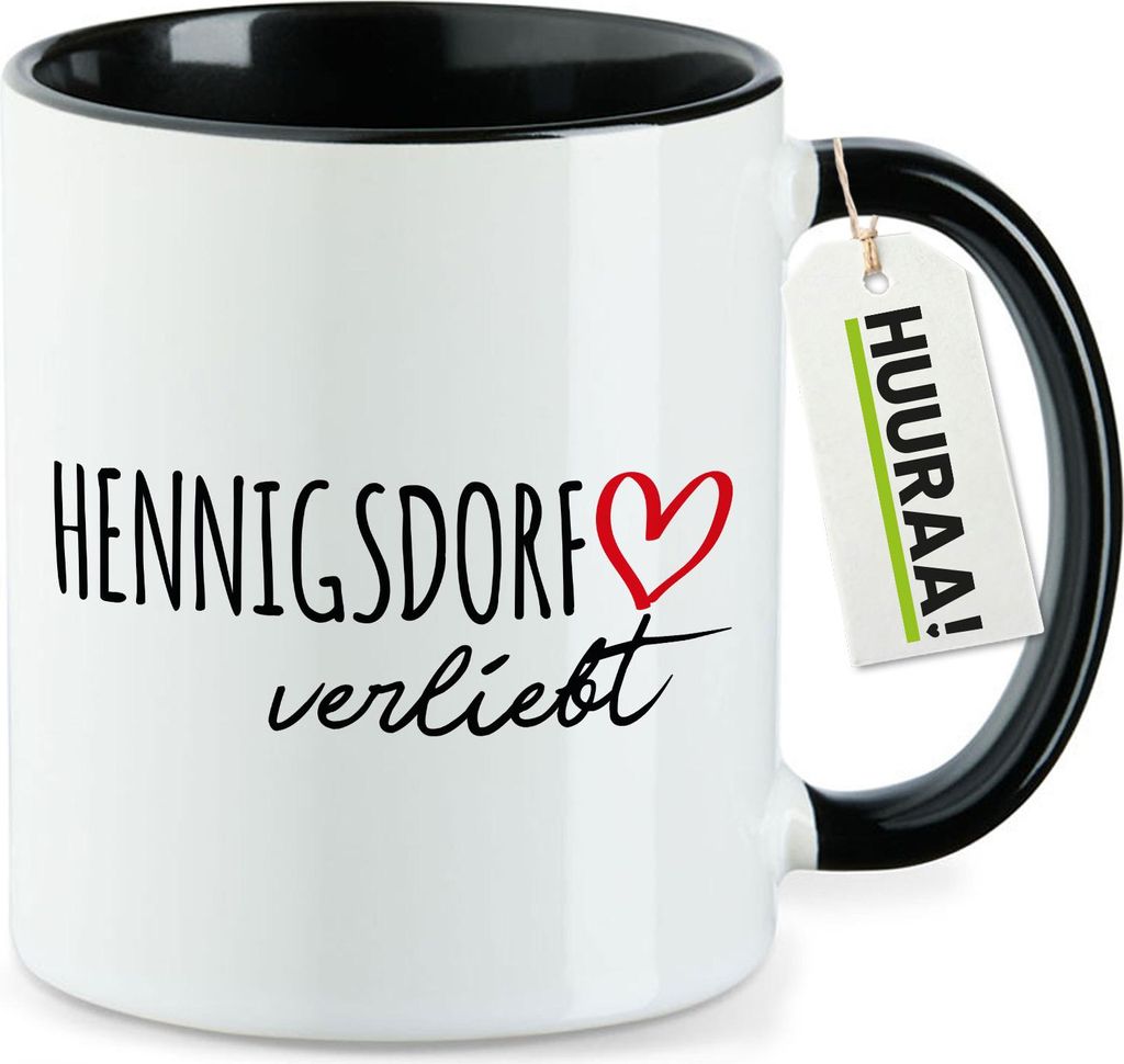 Huuraa Kaffeetasse Hennigsdorf verliebt 330ml Schwarz Keramik Kaffeebecher Geschenkidee