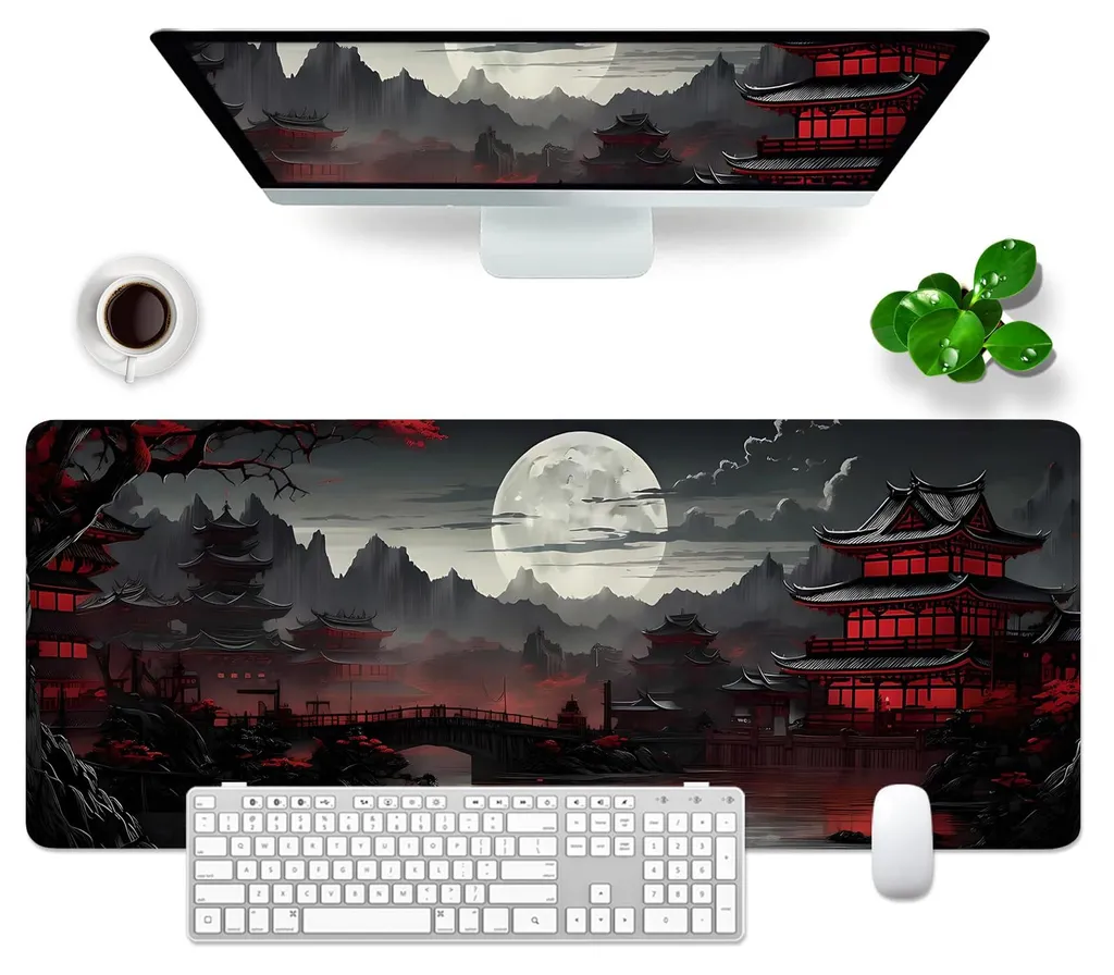 Tapis de souris gaming XL antidérapant avec motif de vagues japonaises retro