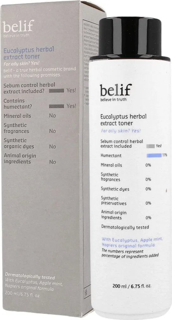 Lotion tonique visage Belif Eucalyptus 200ml pour matifier la peau grasse
