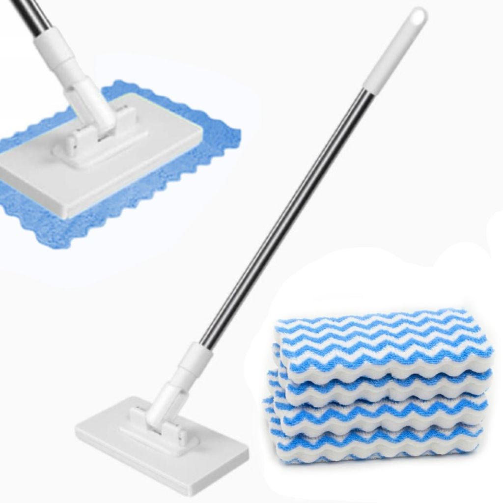 Flachmopp mit Mikrofaser 4 Bezüge Wischmopp 100 cm Stiel Bodenreinigung streifenfrei für Fliesen Laminat Küche Bad