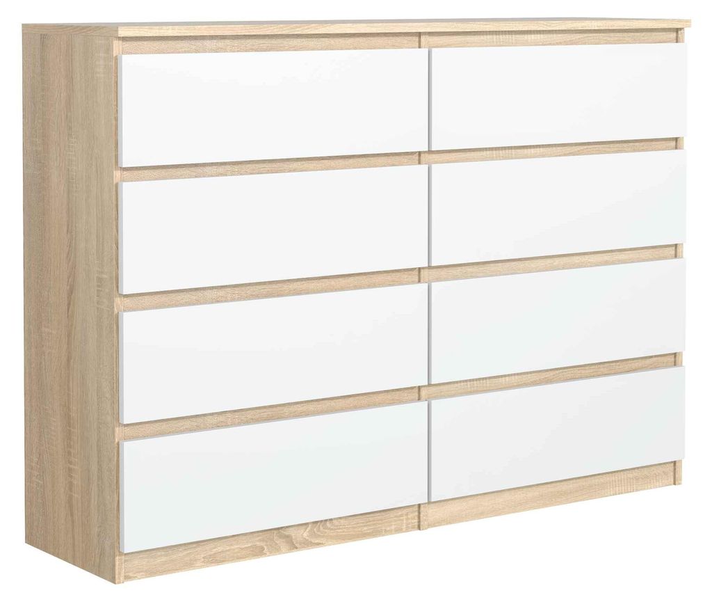 Masseno Kommode NUDO 120 cm Sideboard mit 8 Schubladen und Türen für Wohnzimmer Schlafzimmer Modern 120x39x101,5 cm Sonoma Eiche / Weiß