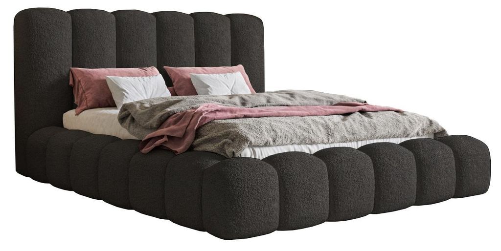 Doppelbett 180x200 cm Madeno - Schlafzimmerbett 180x200 - Bettkasten, Metall-Lattenrost, Dicker Schaum - Bouclé Schwarz