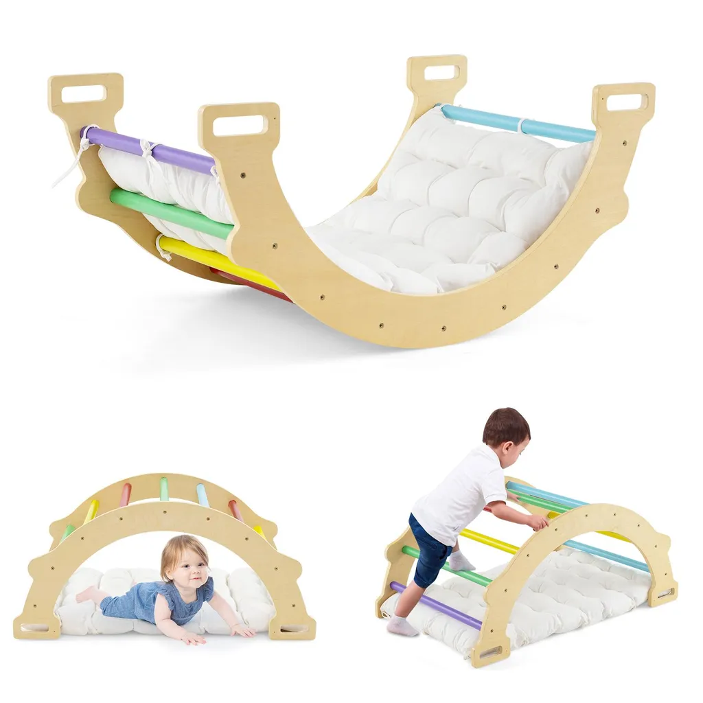 Arco di arrampicata COSTWAY con morbido cuscino, triangolo di arrampicata per dondolare, arrampicarsi e gattonare, struttura di arrampicata per interni in legno, per bambini da 1 anno in su Colorato