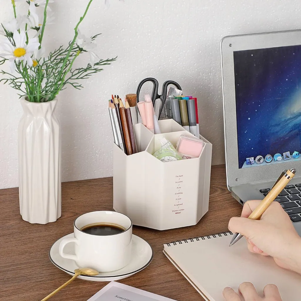Organisateur de bureau rotatif blanc pour fournitures et pinceaux