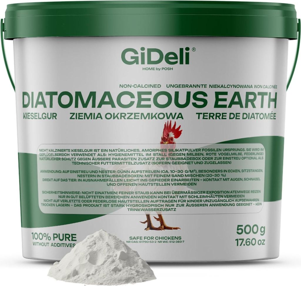 A white plastic tub of diatomaceous earth with a green lid, shown with a pile of the product in front of it.
