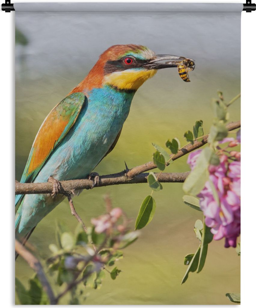 MuchoWow Wandteppich Wandbehang Vogel - Bienenfresser - Blumen 120x160 cm Tapisserie Dekoration Wandtuch - Wohnzimmer - Moderne