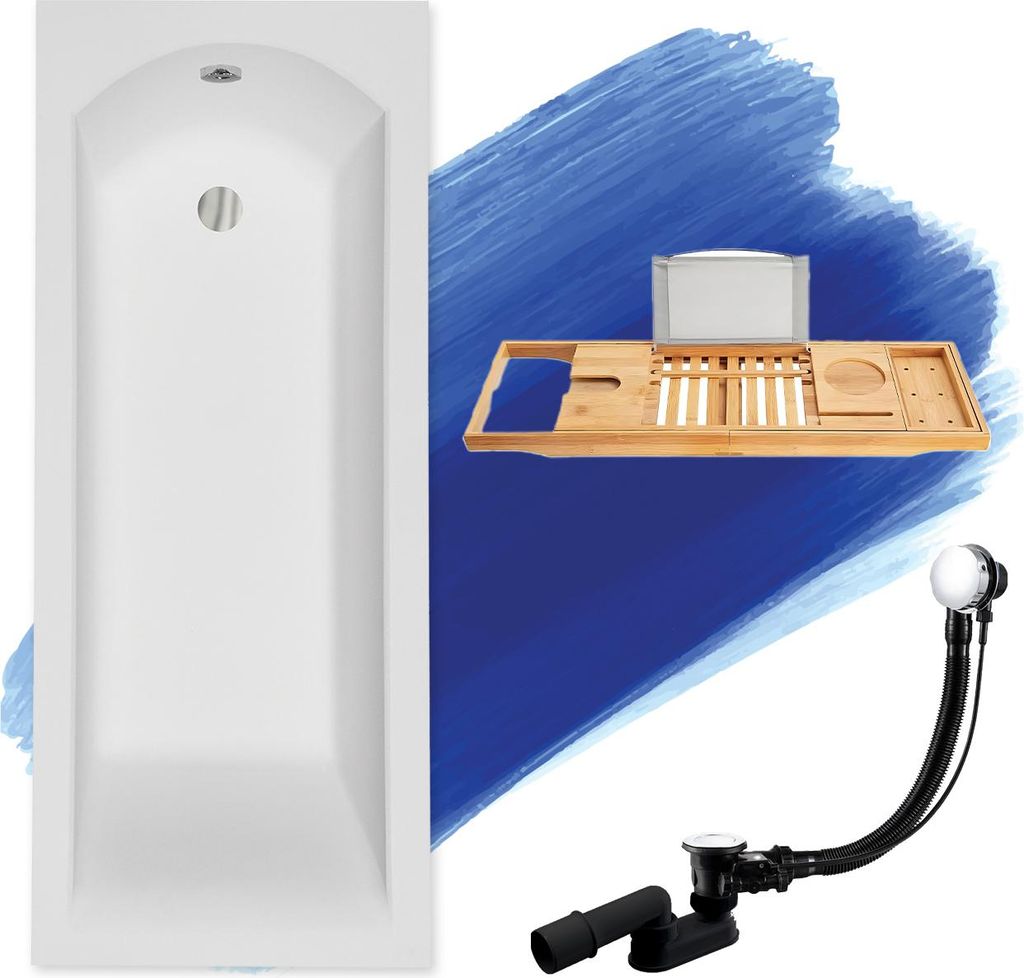 BADLAND Eckbadewanne Rechteck Badewanne SHEA 150x70 mit Ablaufgarnitur und Füßen + Bambus Ablage | BADLAND SHEA