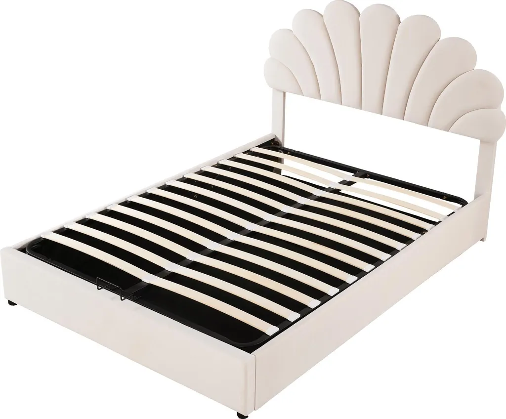 Lit Coffre 140x200 cm Beige - Solution Rangement avec Tête de Lit Fleur - 10