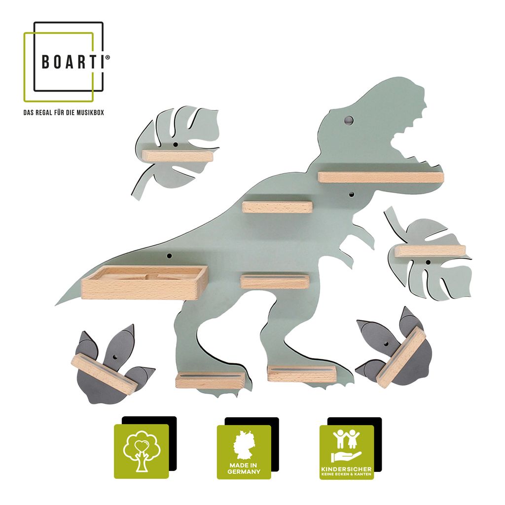 BOARTI Kinderregal Tier Dinosaurier | hängend für Toniebox und Tonie Figuren | Regal | H. 44 x B. 53 x T. 19 | Wandregal Musikbox und Figuren Auf...