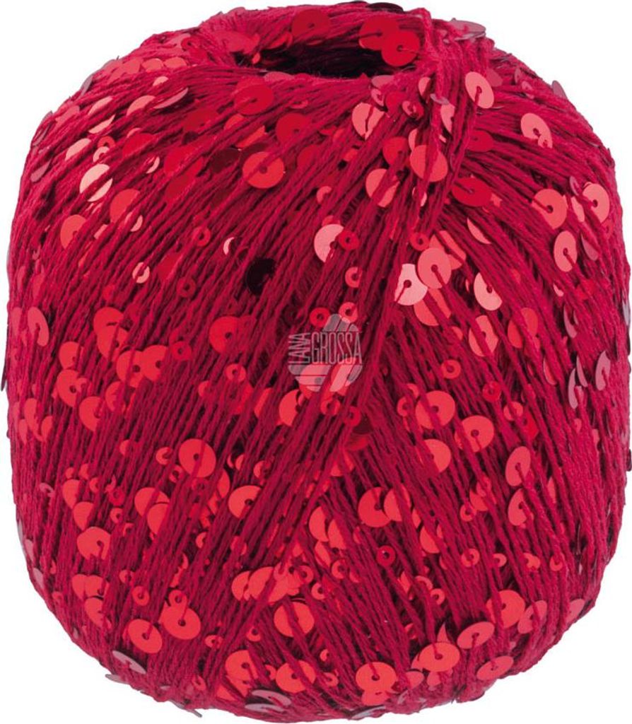 A ball of red yarn with sequins.