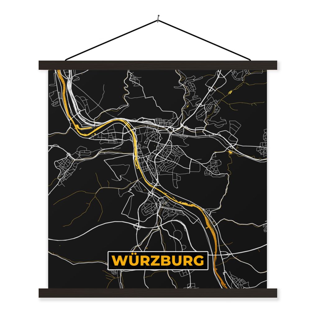 MuchoWow Textilposter Stadtplan - Deutschland - Gold - Würzburg - Karte 90x90 cm mit schwarzem Rahmen - Magnetisches