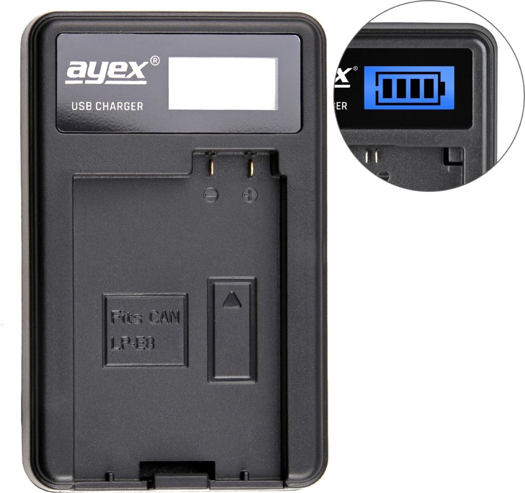 USB Ladegerät für Canon LP-E8 Akkus beleuchtetes Display Produktbild 
