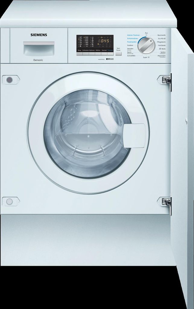 A front view of a white Siemens washing machine with its door open.