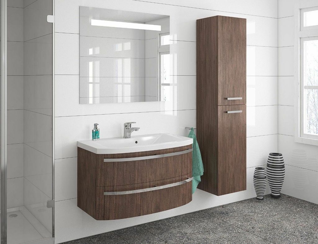 Badmöbel Set "DYNAMIC II 90 CM" MÖBEL BADSET MIT WASCHBECKEN HOLZFARBE LED Waschtisch Spiegel LED Hochschrank