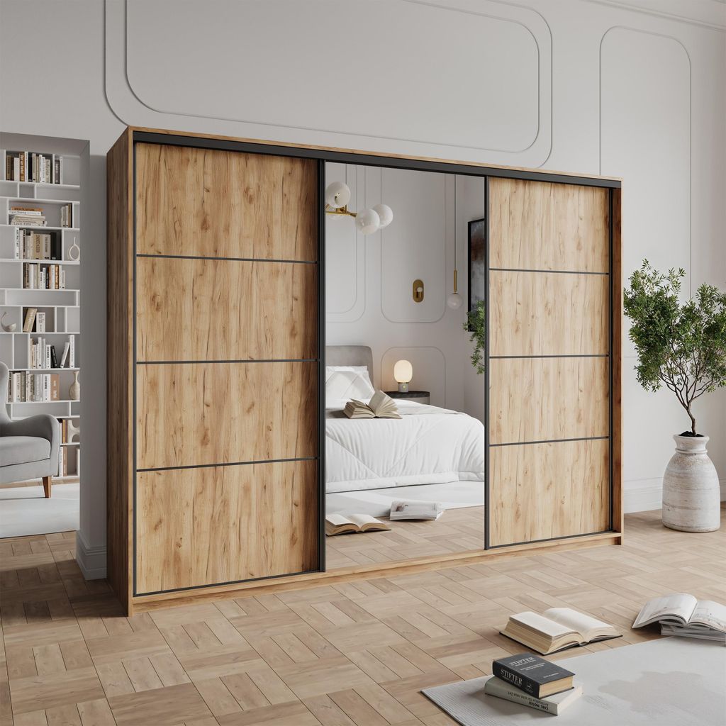 Masseno Schiebetürenschrank VARO 250/205/60 cm Kleiderschrank mit 4 Schubladen Schlafzimmer Schrank 3-türig mit Spiegel Craft Eiche Gold