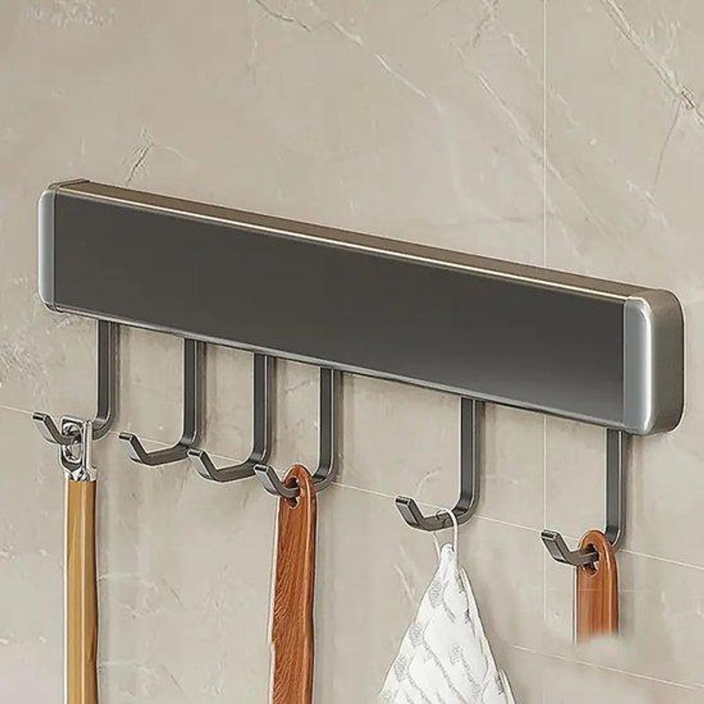 Aluminium-Keukenhaak 30 cm mit 6 Haken, ohne Bohrungen | Langes Aluminiumregal | Lagerfach für Küchenutensilien/Handtücher/BBQ-Zubehör