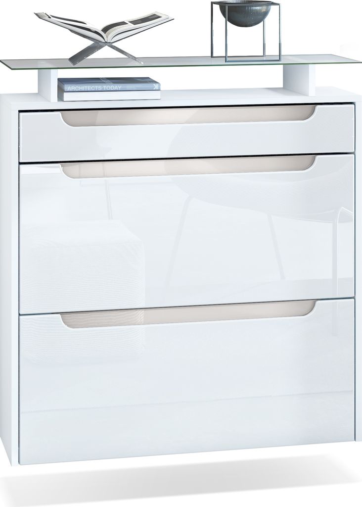 Vladon Schuhschrank Annie, Schuhkipper für 16 Paar Schuhe mit 2 Klappen, 1 Schublade und Glasablage, Weiß matt/Weiß Hochglanz, Griffmulden in Sa...