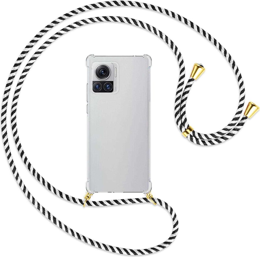 Handykette Backcover-Schutzhülle mit Band (Metall goldfarben) für Motorola Edge 30 Ultra, Moto X30 Pro - schwarz/weiß gestreift