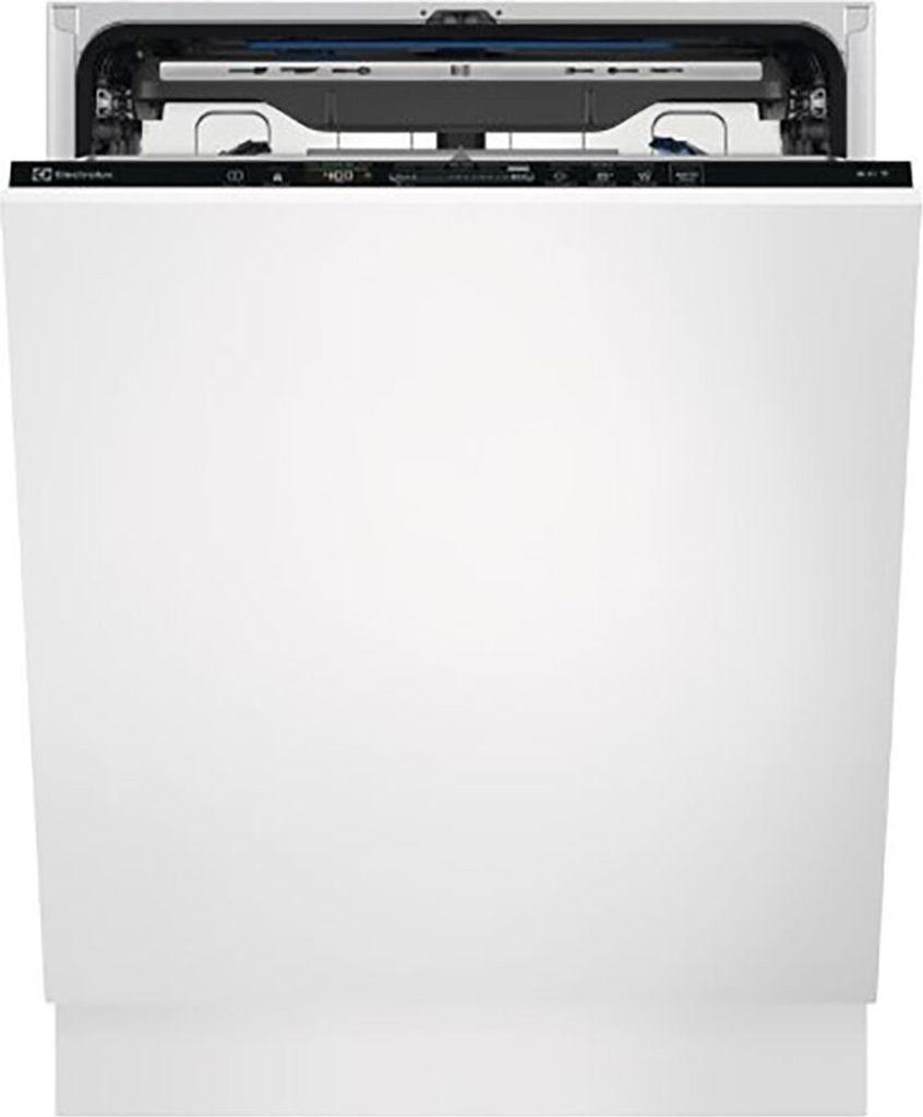 A white built-in dishwasher with the door open, showing the control panel.