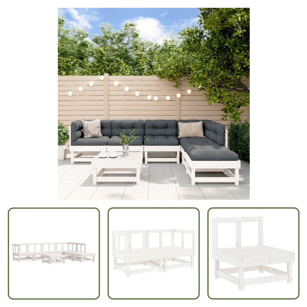 The Living Store 7-tlg. Garten-Lounge-Set Weiß Massivholz Kiefer